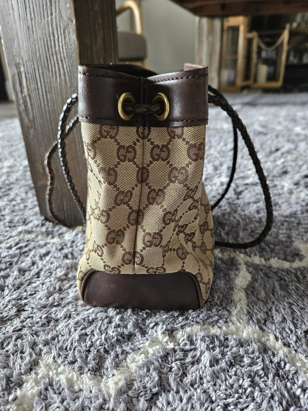 Gucci Beige & Brown GG Canvas Drawstring Shoulder/Crossbody Bag - Picture 5 of 11